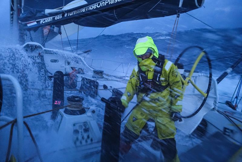 Leg 7 from Auckland to Itajai, day 10 on board Brunel. Nina Curtis on deck despite her small injury. 27 March,  photo copyright Yann Riou / Volvo Ocean Race taken at  and featuring the Volvo One-Design class