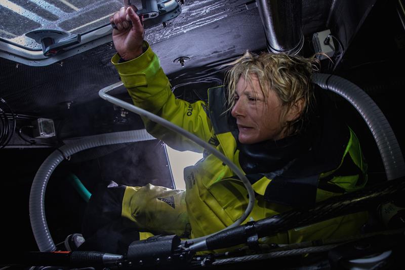 Leg 7 from Auckland to Itajai, day 10 on board Brunel. Abby Ehler doing her checks at the aft of the boat. 27 March, . - photo © Yann Riou / Volvo Ocean Race