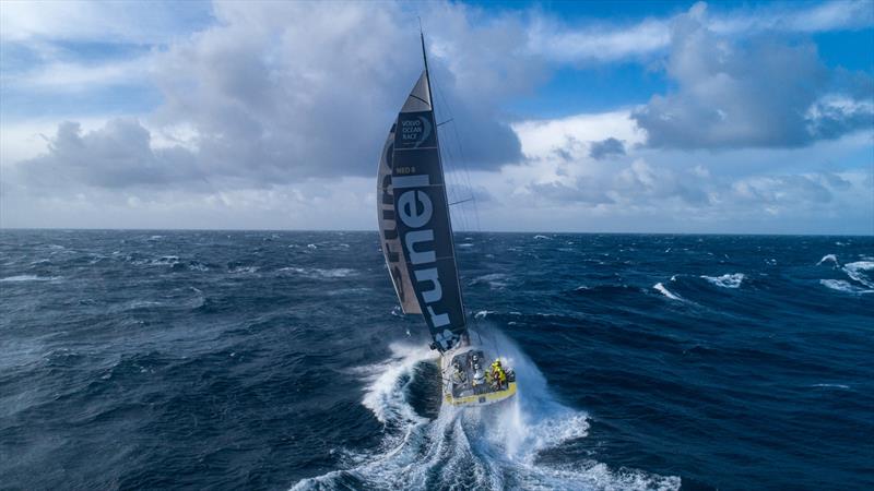 Leg 7 from Auckland to Itajai, day 11 on board Brunel. Drone picture. 400 miles from Cape Horn. 30 knots of wind. 5-6 meter waves. Drone back on board. Thanks to Kyle Langford for his help on launching and catching the drone. 28 March,  photo copyright Yann Riou / Volvo Ocean Race taken at  and featuring the Volvo One-Design class