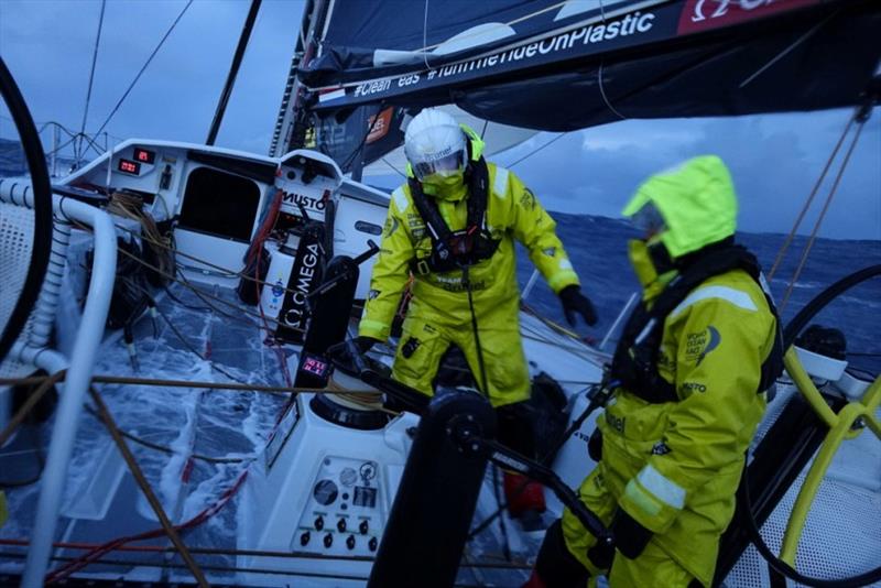 Volvo Ocean Race Leg 7 from Auckland to Itajai, day 10 on board Brunel. Kyle Langford and Nina Curtis on watch just after sunset photo copyright Yann Riou / Volvo Ocean Race taken at  and featuring the Volvo One-Design class