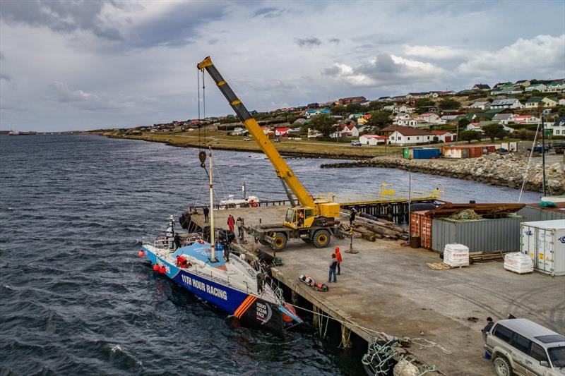 Vestas 11th Hour Racing has her jury rig fitted at Port Stanley in the Falkland Islands - photo © Jeremie Lecaudey / Volvo Ocean Rac