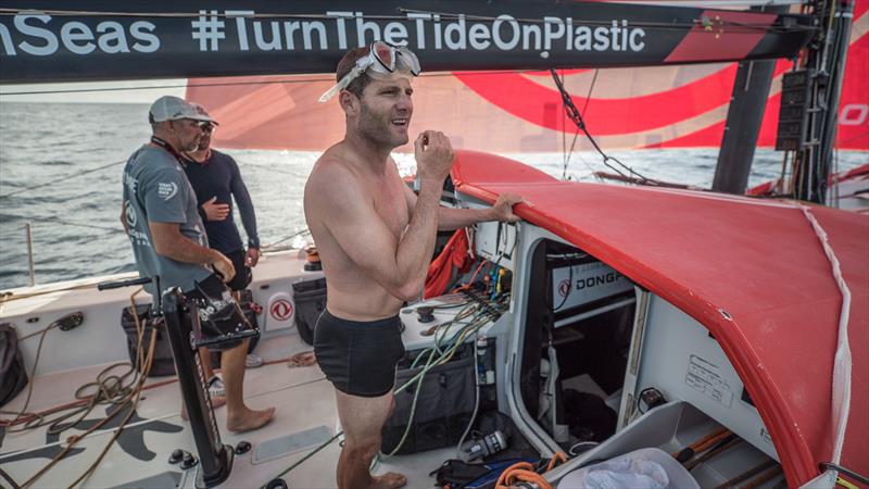 Leg 8 from Itajai to Newport, day 09 on board Dongfeng. 30 April, . Charles Caudrelier after diving under the boat to get the seaweed out of the rudders. - photo © Jeremie Lecaudey / Volvo Ocean Race