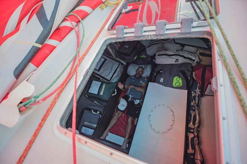 Leg 8 from Itajai to Newport, day 09 on board Dongfeng. 30 April, . Stu Bannatyne sleeping in the front of the boat as we're having 3 knots of bboat speed. Balance is key in light wind conditions photo copyright Jeremie Lecaudey / Volvo Ocean Race taken at  and featuring the Volvo One-Design class