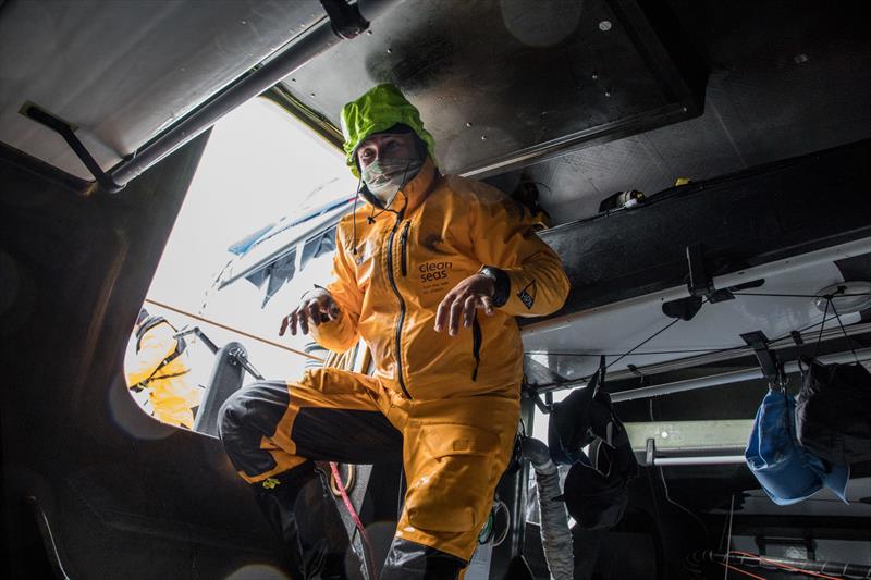 Annalise Murphy with cold hands. Leg 8 from Itajai to Newport, day 16 on board Turn the Tide on Plastic. 07 May,  photo copyright James Blake / Volvo Ocean Race taken at  and featuring the Volvo One-Design class