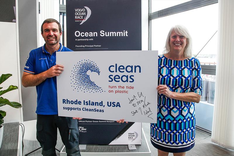 Volvo Ocean Race - Newport stopover. Ocean Summit. 18 May, 2018.Charlie Enright, Skipper Vestas 11th Hr Racing, joins Janet Coit representing the state of Rhode Island to sign up to the UNE CleanSeas campaign. 18 May, 2018. - photo © Jesus Renedo / Volvo Ocean Race