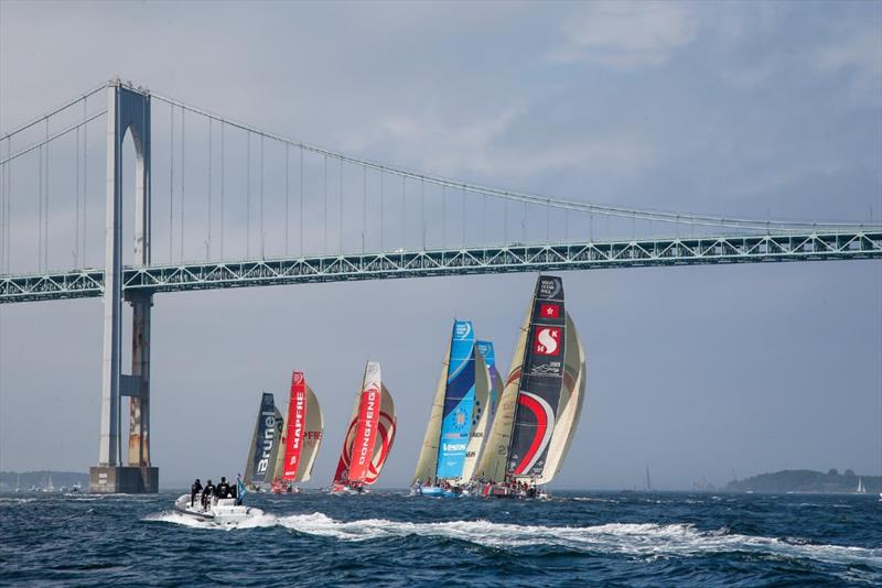 Boats headed under the Newport Bridge photo copyright Jesus Renedo / Volvo Ocean Race taken at  and featuring the Volvo One-Design class