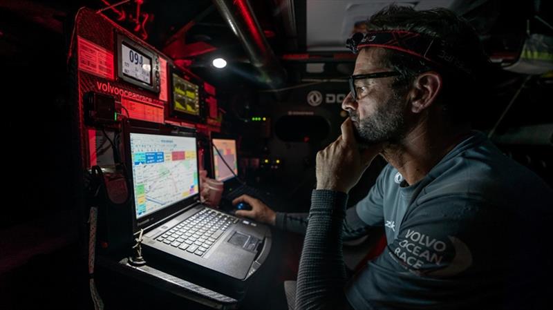 Volvo Ocean Race Leg 9, from Newport to Cardiff, day 03, on board Dongfeng. Pascal Bideggory while the boat is stuck in no wind during the night photo copyright Jeremie Lecaudey / Volvo Ocean Race taken at  and featuring the Volvo One-Design class