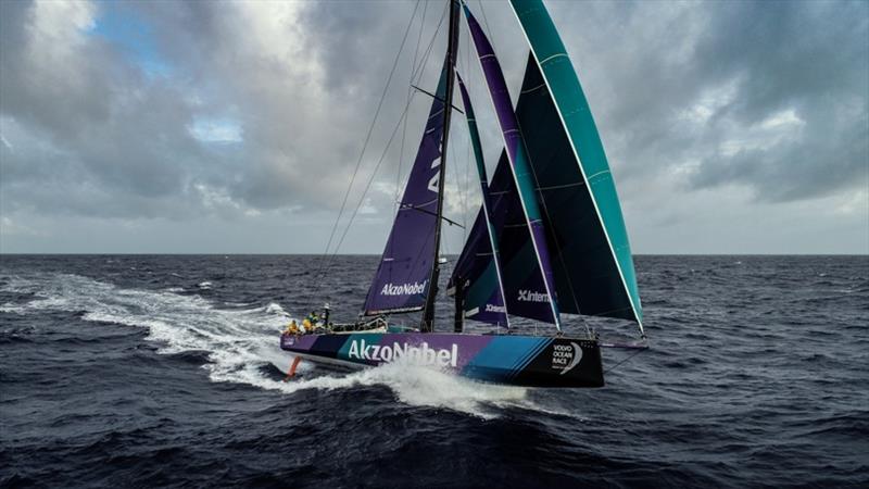 Team AkzoNobel set a 24hr distance record of over 600nm Volvo Ocean Race Leg 9, from Newport to Cardiff, day 3, on board Team AkzoNobel. Surfing the waves and flying along at 25 knots photo copyright Konrad Frost / Volvo Ocean Race taken at  and featuring the Volvo One-Design class