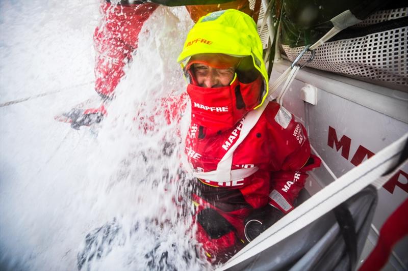 Volvo Ocean Race Leg 9, from Newport to Cardiff, day 06, on board MAPFRE, speed record day. Tamara Echegoyen in standby behind the wheel photo copyright Ugo Fonolla / Volvo Ocean Race taken at  and featuring the Volvo One-Design class