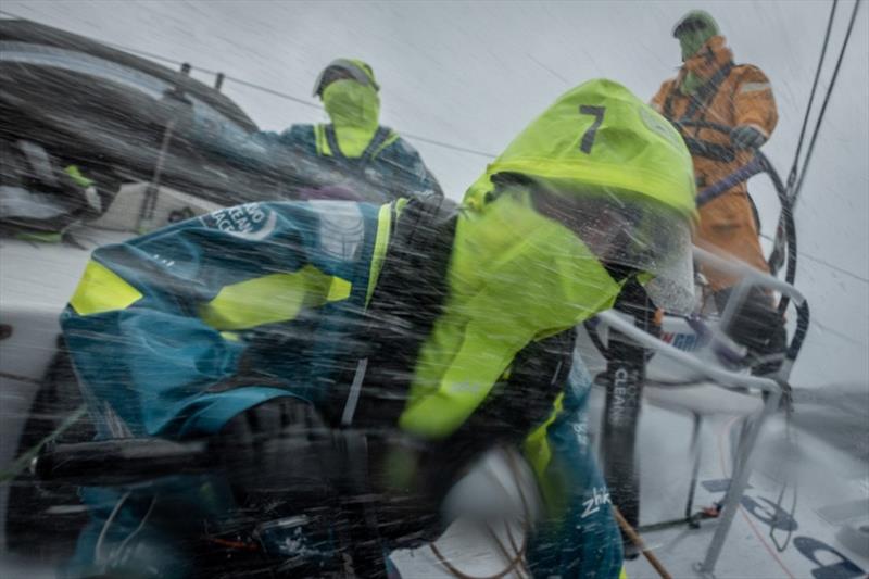 Volvo Ocean Race Leg 10, from Cardiff to Gothenburg, day 5, on board AkzoNobel. Emily Nagel working hard in the rain / sleet / spray / waves. - photo © James Blake / Volvo Ocean Race