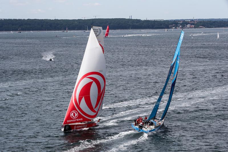 Dongfeng and Vestas 11th Hour - Leg 11, from Gothenburg to The Hague, Day 02. The fleet round the Aarhus Fly-By mark. 22 June,  photo copyright Ainhoa Sanchez / Volvo Ocean Race taken at  and featuring the Volvo One-Design class