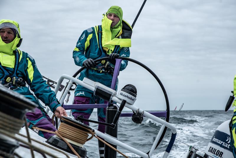 Leg 11, from Gothenburg to The Hague, day 4 on board AkzoNobel. 24 June, . Nicolai Sehested on the helm with Simeon Tienpont on the mainsheet. Brunel and MAPFRE in the distance photo copyright James Blake / Volvo Ocean Race taken at  and featuring the Volvo One-Design class