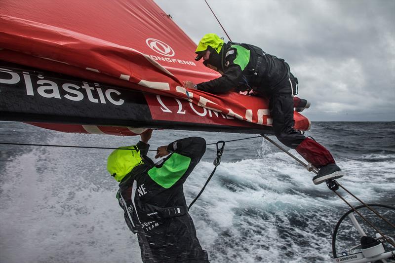 Leg 3, Cape Town to Melbourne, day 04, on board Dongfeng. Sailing at the beginning of the low pressure. Taking a reef with 30knts is not an easy thing photo copyright Martin Keruzore / Volvo Ocean Race taken at  and featuring the Volvo One-Design class