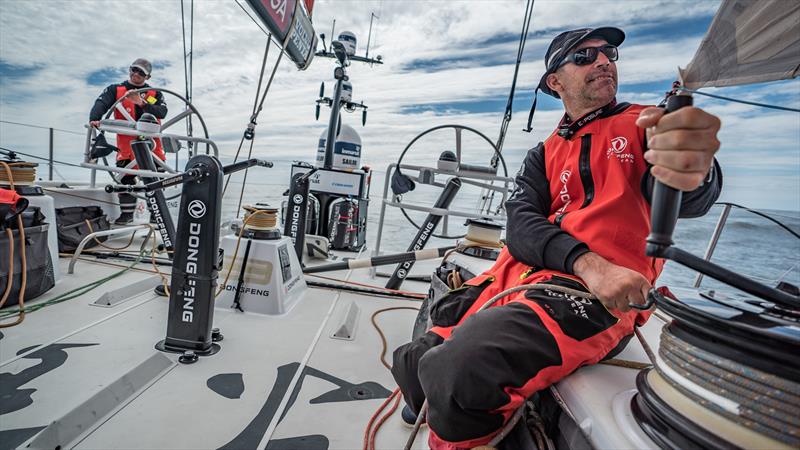 Stu Bannatyne trimming in light winds, he finds it as stressful to sail in light wind than strong winds. Leg 9, from Newport to Cardiff, day 07 on board Dongfeng. 26 May,  photo copyright Jeremie Lecaudey / Volvo Ocean Race taken at  and featuring the Volvo One-Design class