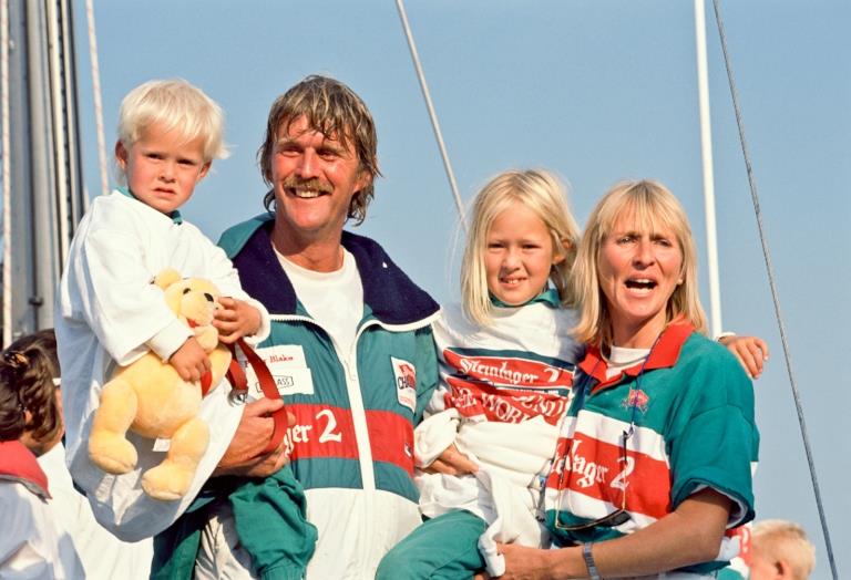 1989-90 Whitbread Round the World Race: Peter Blake, Pippa Blake & Family. Arrival at Southampton, Leg 6, Steinlager II photo copyright Roger Lean-Vercoe / PPL taken at  and featuring the Volvo One-Design class