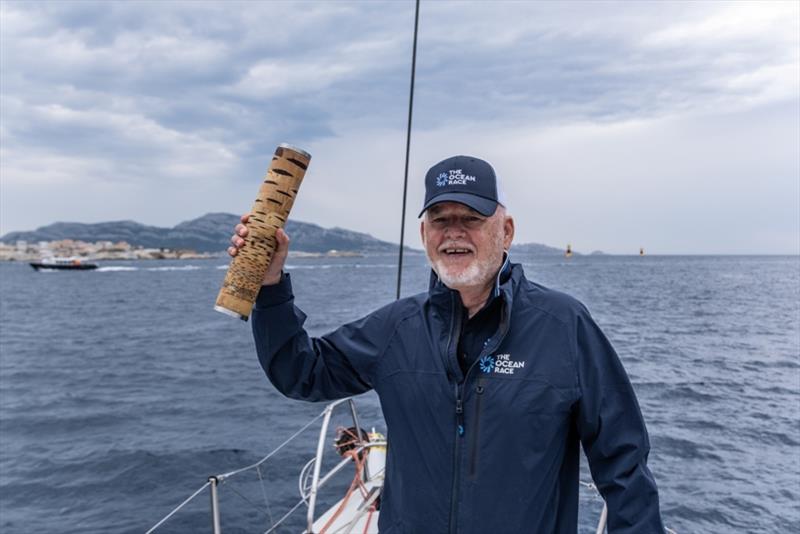 UN Secretary-General's Special Envoy for the Ocean Peter Thomson with the baton onboard Ambersail-2 photo copyright Cherie Bridges / The Ocean Race taken at  and featuring the Volvo One-Design class