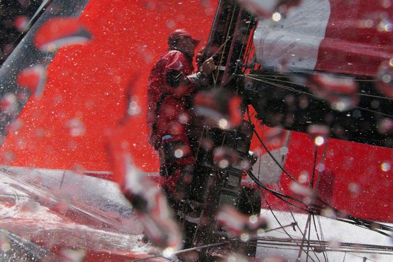 Sidney Gavignet gets the mainsail ready to reef, en route to Rio de Janeiro on leg 5 of the Volvo Ocean Race 2008-09 - photo © Rick Deppe / Volvo AB