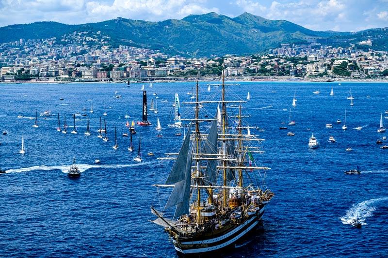 The Ocean Race VO65 Sprint Cup 2022-23 - 1 July 2023. Aerial view IMOCA In-Port Race in Genova. Army F35 planes fly over the Italian Navy Amerigo Vespucio tall ship photo copyright Sailing Energy / The Ocean Race taken at  and featuring the Volvo One-Design class