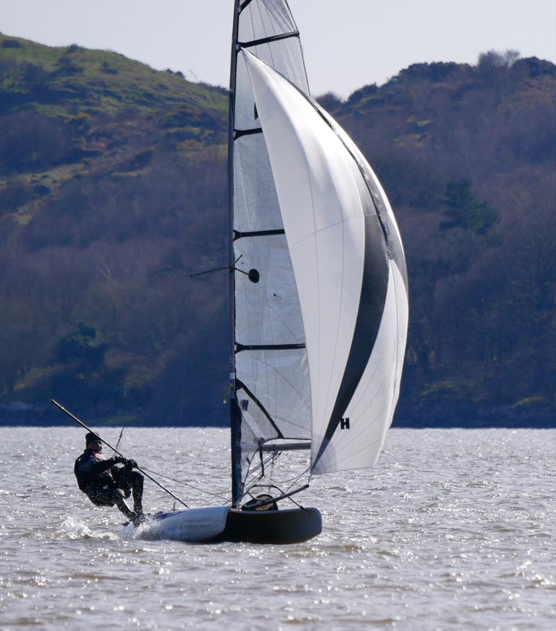 Easter Eggstravaganza in Kippford: Alec Glendinning `out on the wire` on his Laser Vortex going fast as ever photo copyright Margaret Purkis taken at Solway Yacht Club and featuring the Vortex class