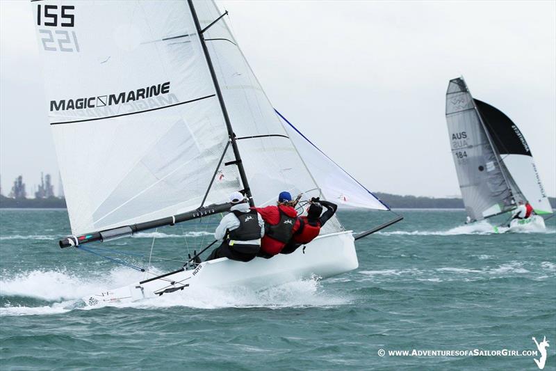 Daniel Alcock sending it to second place on day 3 of the Australian VX One Midwinter Championship photo copyright Nic Douglass / www.AdventuresofaSailorGirl.com taken at Royal Queensland Yacht Squadron and featuring the VX One class