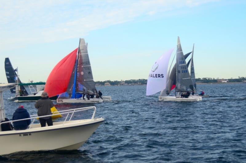 ‘Bro Safari' was able to gybe ahead and nipped ‘Double the Fun' by about one boat length, putting #313, ‘Another Bad Idea', between them in the process photo copyright Talbot Wilson taken at Pensacola Yacht Club and featuring the VX One class