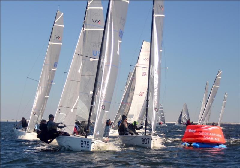Traffic jam at the mark. Lots of windy action at the 2022 VX One Midwinter Championships— Winter Series #2 in Pensacola FL photo copyright Talbot Wilson taken at Pensacola Yacht Club and featuring the VX One class