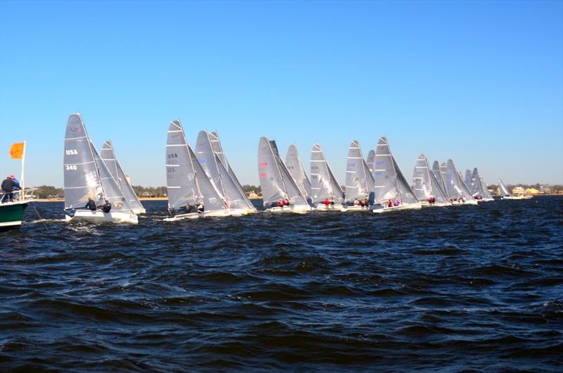 The fleet of 34 VX One's push the line for the first of two general recalls while trying to start Race 7 of the Winter Series #3 regatta hosted by Pensacola YC on Pensacola Bay photo copyright Talbot Wilson taken at Pensacola Yacht Club and featuring the VX One class