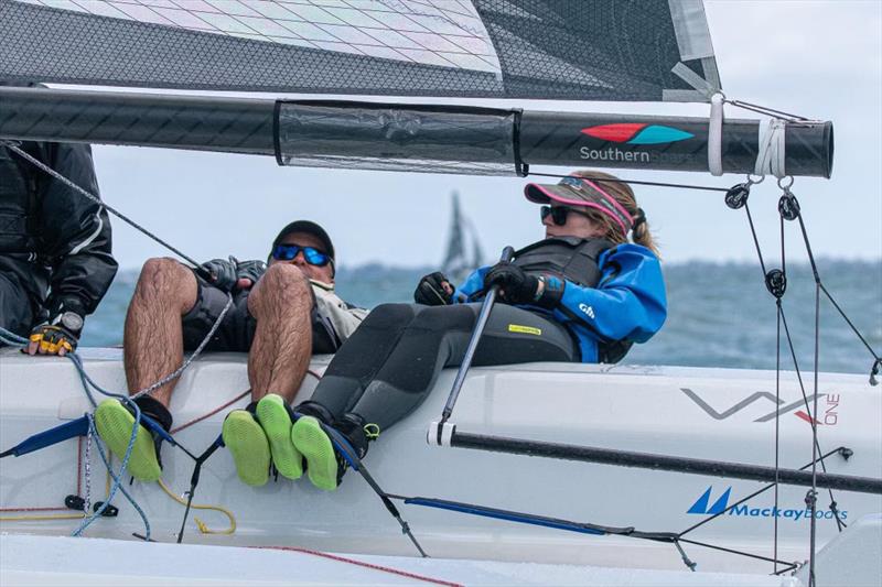 Kaitlyn Liebel at the helm of a VX One in Sarasota Winter Series.  Her crew consists of her father, Mark Liebel, in the mid position and Jordan Wiggins from Charleston, SC forward.  The team came in 5th place overall at the 2021 Sarasota Winter Series - photo © Sara Wilkerson