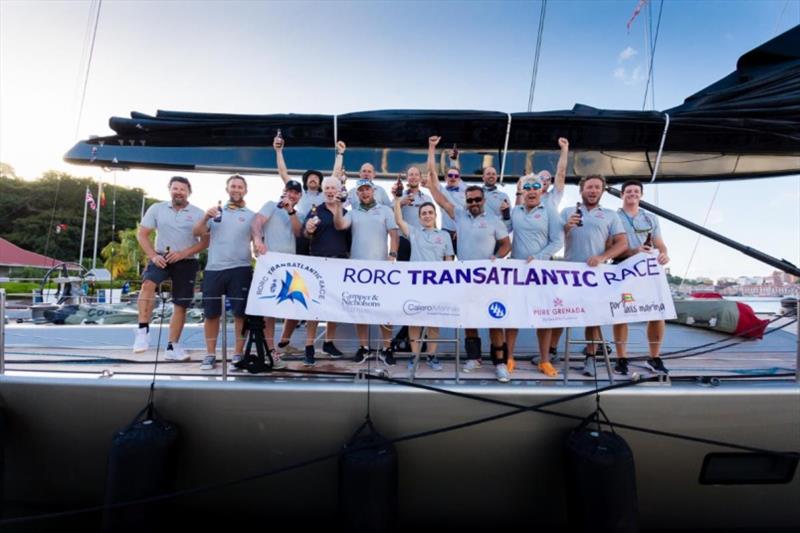 Wally 100 Dark Shadow celebrate their arrival at Camper & Nicholsons Port Louis Marina, Grenada - photo © RORC / Arthur Daniel