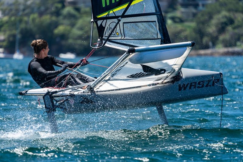 Olympian Nina Curtis ripping on Sydney Harbour for the AUS SailGP Team Women's Camp photo copyright Beau Outteridge taken at  and featuring the WASZP class