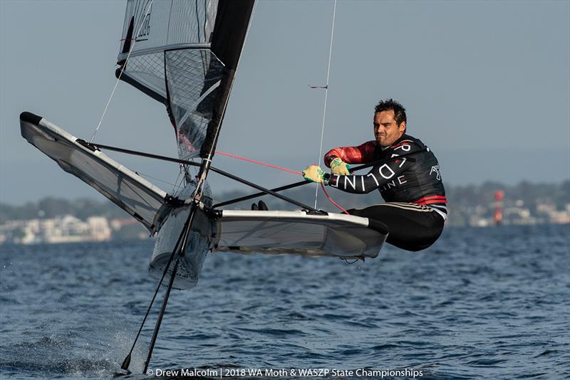 Moth sailing on the Swan River for hte 2018 WA Moth States photo copyright Drew Malcolm taken at Mounts Bay Sailing Club, Australia and featuring the WASZP class