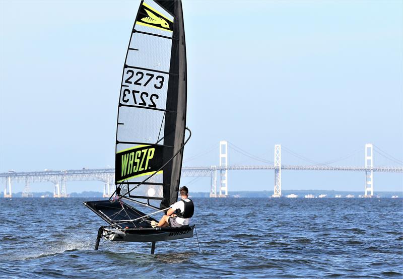 Austin Powers flies his WASZP near the Chesapeake Bay Bridge; he will be comepting in the 2020 Two Bridge Fiasco aboard his foiler photo copyright Will Keyworth taken at Annapolis Yacht Club and featuring the WASZP class