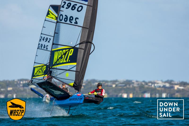 Hugo Allison leading class President Jack Felsenthal at the 2021 WASZP Nationals photo copyright Jack Fletcher taken at South Lake Macquarie Amateur Sailing Club and featuring the WASZP class