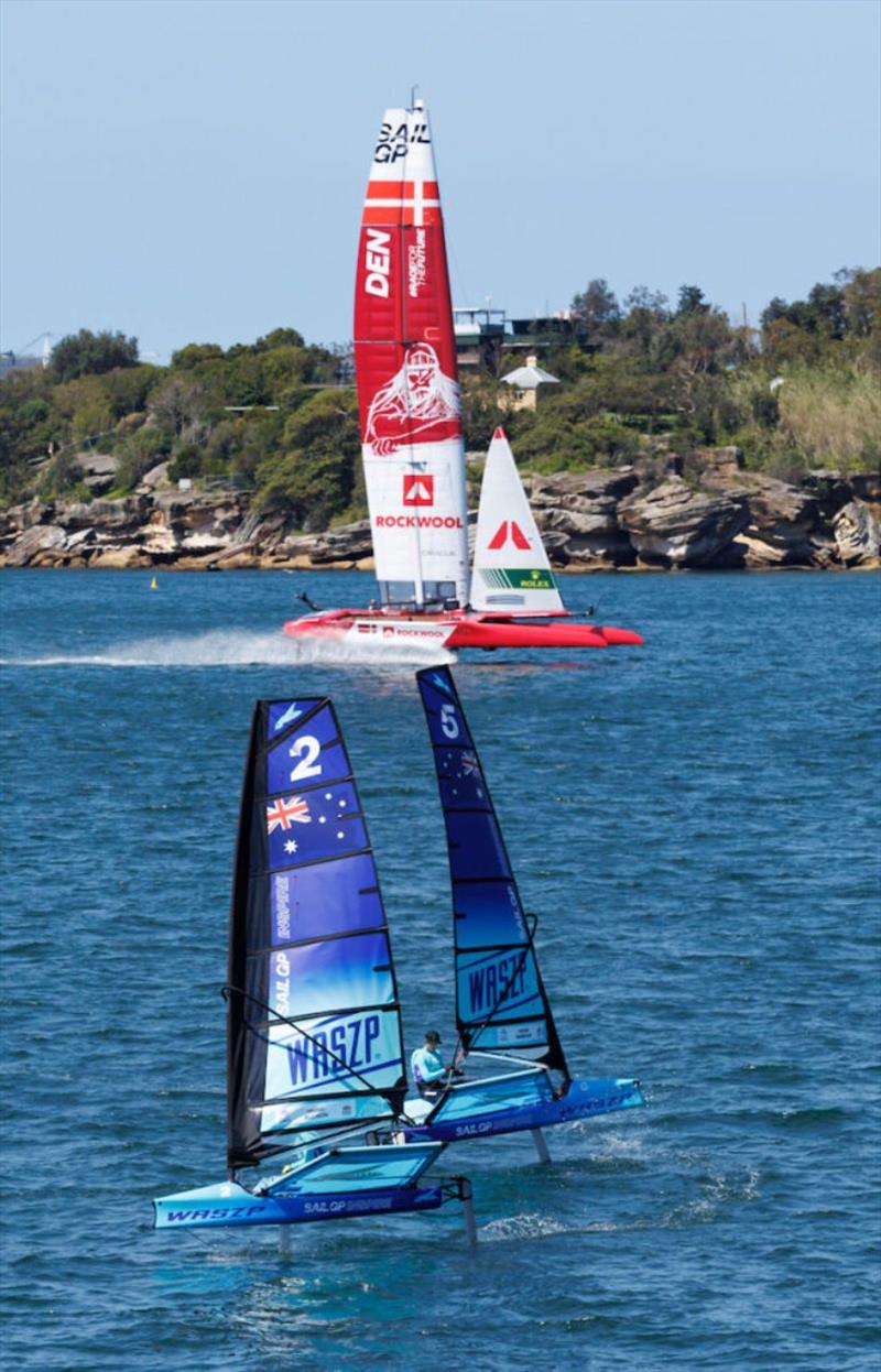 Denmark SailGP Team presented by ROCKWOOL helmed by Nicolai Sehested in action on Race Day 1. Australia Sail Grand Prix presented by KPMG. 17 December 2021 photo copyright Patrick Hamilton for SailGP taken at  and featuring the WASZP class