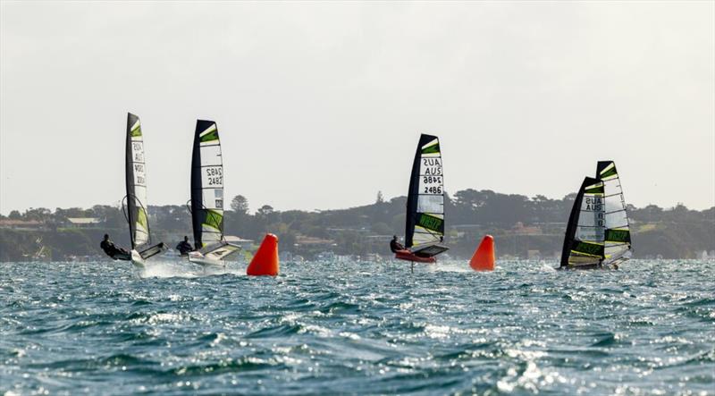 Top mark battle on beautiful flat water at the 2021 Australian WASZP Nationals – Sorrento photo copyright Jack Fletcher taken at Sorrento Sailing Couta Boat Club and featuring the WASZP class