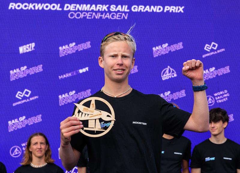 Young sailors take part in the Inspire Racing x WASZP program celebrate on stage on Race Day 2 of the ROCKWOOL Denmark Sail Grand Prix in Copenhagen, Denmark photo copyright Felix Diemer for SailGP taken at  and featuring the WASZP class