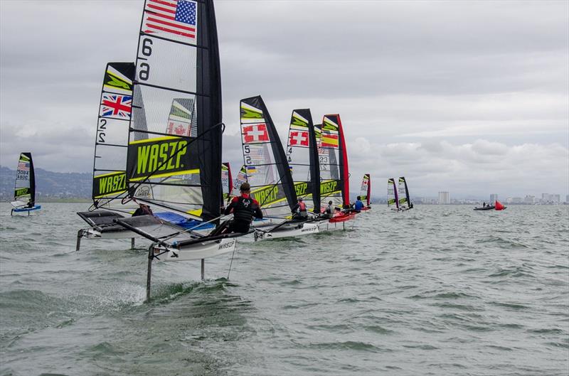 WASZP sailors at the start line of the 2022 WASZP USA Americas Regatta in San Francisco Bay, CA photo copyright Ira Potekhina taken at Swampscott Yacht Club and featuring the WASZP class