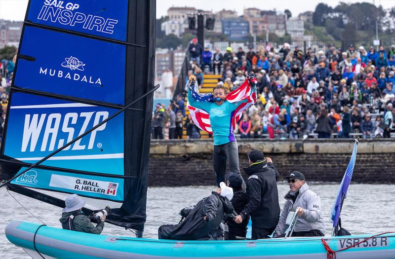 Gavin Ball of USA celebrates winning the Inspire Racing x WASZP Grand Final on Race Day 1 of the Mubadala SailGP Season 3 Grand Final in San Francisco, USA photo copyright Felix Diemer for SailGP taken at  and featuring the WASZP class