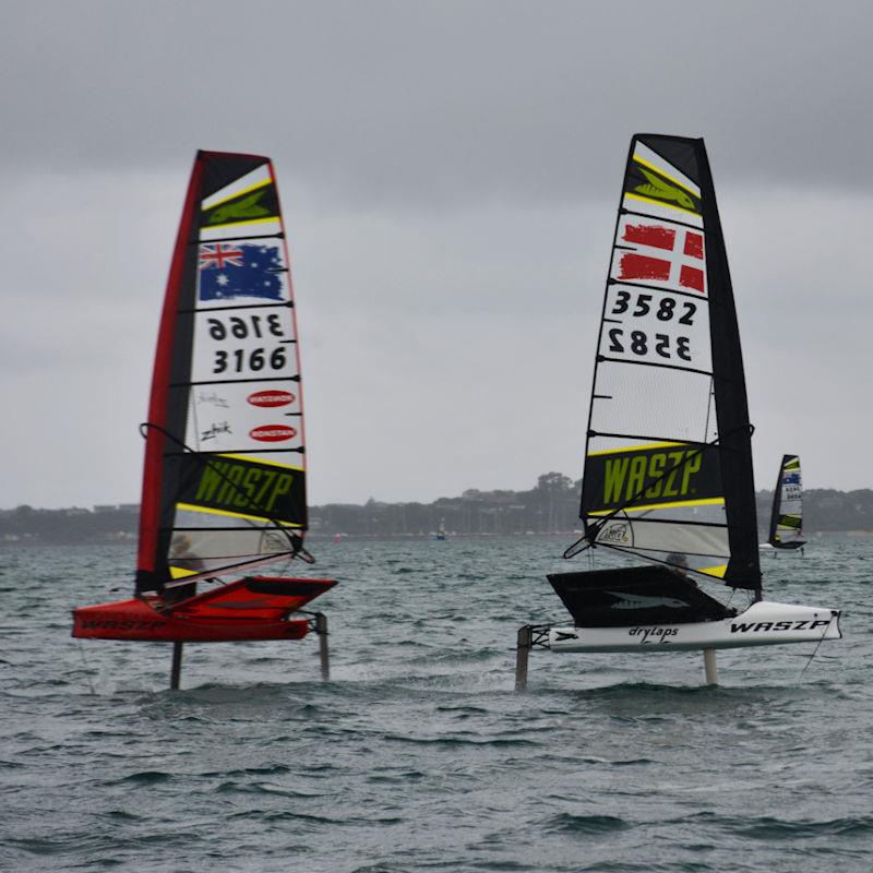 WASZP Australian Nationals Day 3: Aidan Simmons taking on Magnus Overbeck from Denmark down the run - photo © Marc Ablett