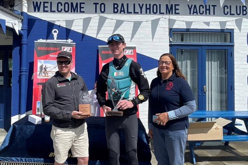 Michael Ferguson of Ridgeway Rockbags and Sheela Lewis presenting Johnny Flynn with the trophy - Waszp Irish National Championships at Ballyholme - photo © Simon McIlwaine / www.wavelengthimage.com