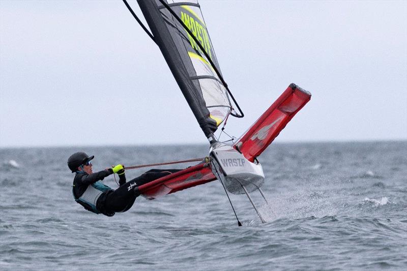 Johnny Flynn working hard upwind in unpredictable swell  - Waszp Irish National Championships at Ballyholme - photo © Simon McIlwaine / www.wavelengthimage.com