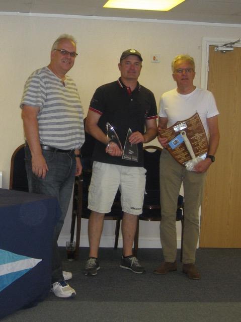 (l-r) Mike Becket (DWSC Commodore) presents the Wayfarer Southern Area Championship trophy to Jamie Lea and Len Jones photo copyright Tony Cooper taken at Datchet Water Sailing Club and featuring the Wayfarer class