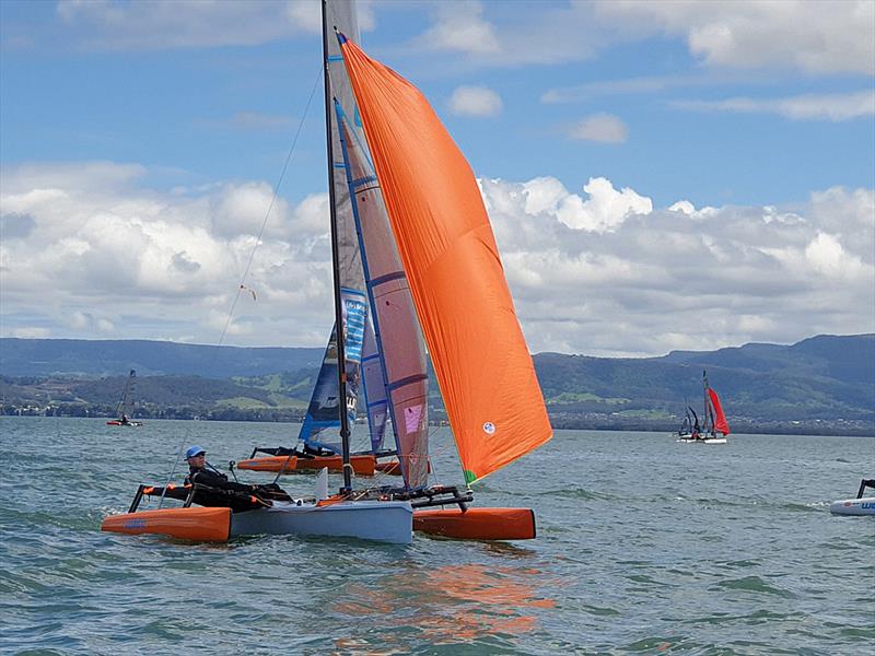 Australian Weta Class National Championships - Orange is Faster Paul White (6th, WSC, NSW) Vs Ian Richardson (2nd, PKSC, NSW) photo copyright Aus Weta taken at Port Kembla Sailing Club and featuring the Weta class