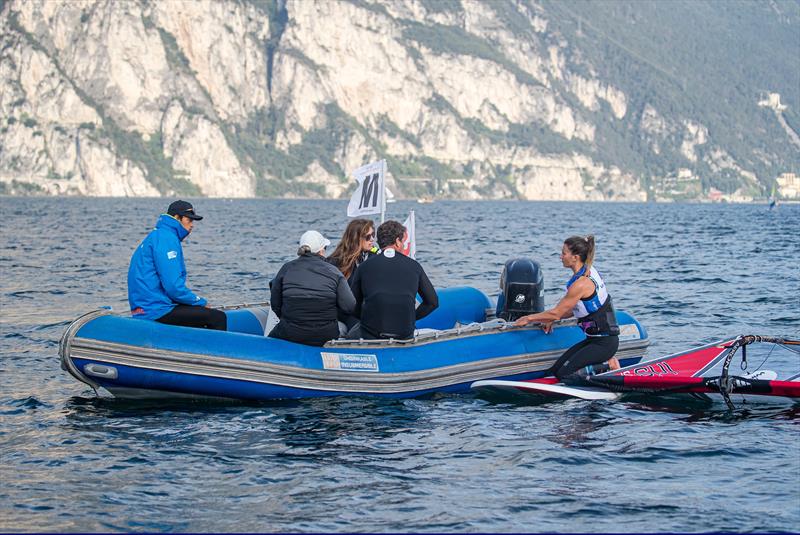 On the water debrief - World Sailing Windsurf Evaluation Trials, Lago di Garda, Italy. September 29, 2019 photo copyright Jesus Renedo / Sailing Energy / World Sailing taken at Circolo Surf Torbole and featuring the Windsurfing class