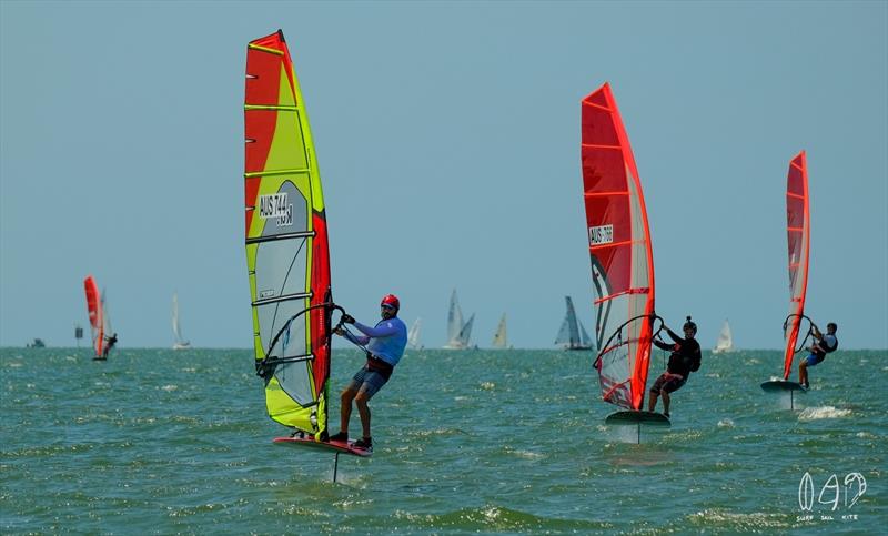 Coming into the bottom mark on day two. Note dodgy sail repair leading to no foot tension photo copyright Kat Pearson for SurfSailKite taken at  and featuring the Windsurfing class