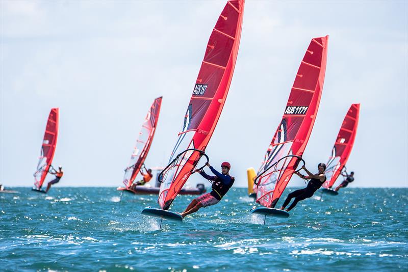 Julien Savina leading the abandoned slalom race - Bris Vegas Windfoil Pro photo copyright Sarah Motherwell taken at Royal Queensland Yacht Squadron and featuring the Windsurfing class