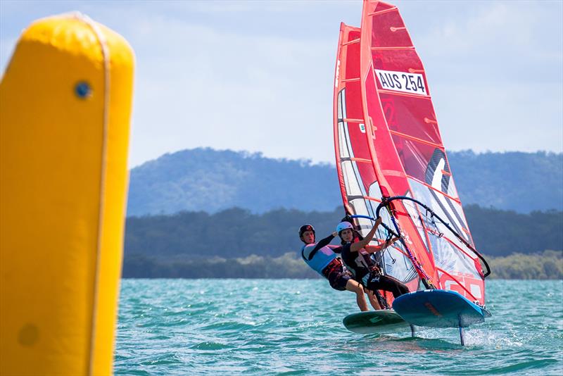 Jo Kaitlin and Tom Needham battle to the top mark - Bris Vegas Windfoil Pro photo copyright Sarah Motherwell taken at Royal Queensland Yacht Squadron and featuring the Windsurfing class