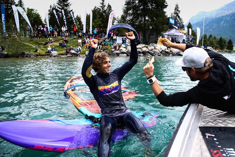 Sam Esteve celebrating his payday - Vanora Engadinwind by Dakine 2021 - photo © Sailing Energy / Engadinwind 2021