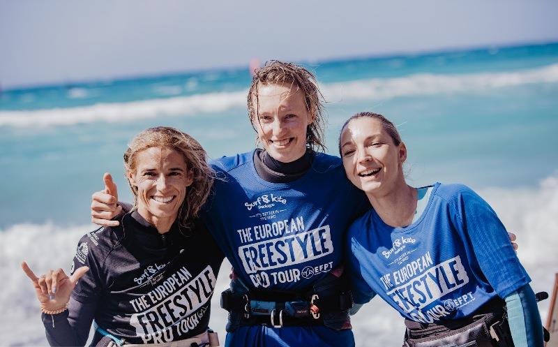 The current Top 3 women: Huvermann, Raskina and Poschinger - 2021 EFPT Theologos, day 3 photo copyright PROtography Official taken at  and featuring the Windsurfing class