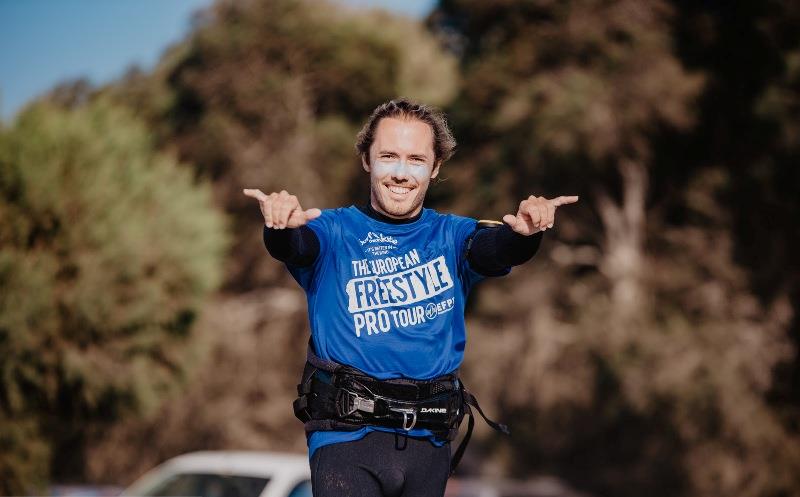 Felix Volkhardt visibly happy with his performance in the double elimination - 2021 EFPT Theologos, day 3 photo copyright PROtography Official taken at  and featuring the Windsurfing class